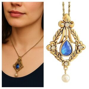 Avon Vintage Marked Gold Tone Tear Drop Stone Pearl Drop Rhinestone Details 16”